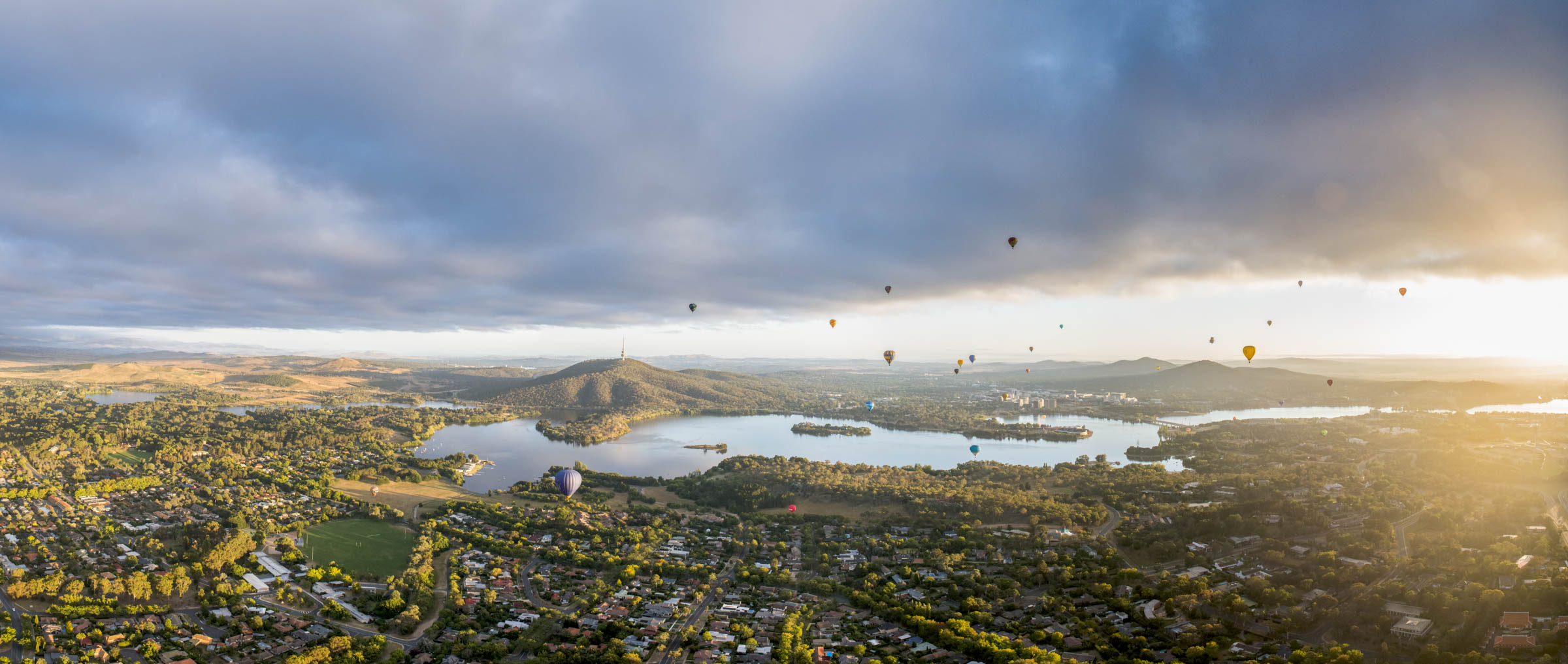 VisitCanberra a flock of birds flying over a body of water