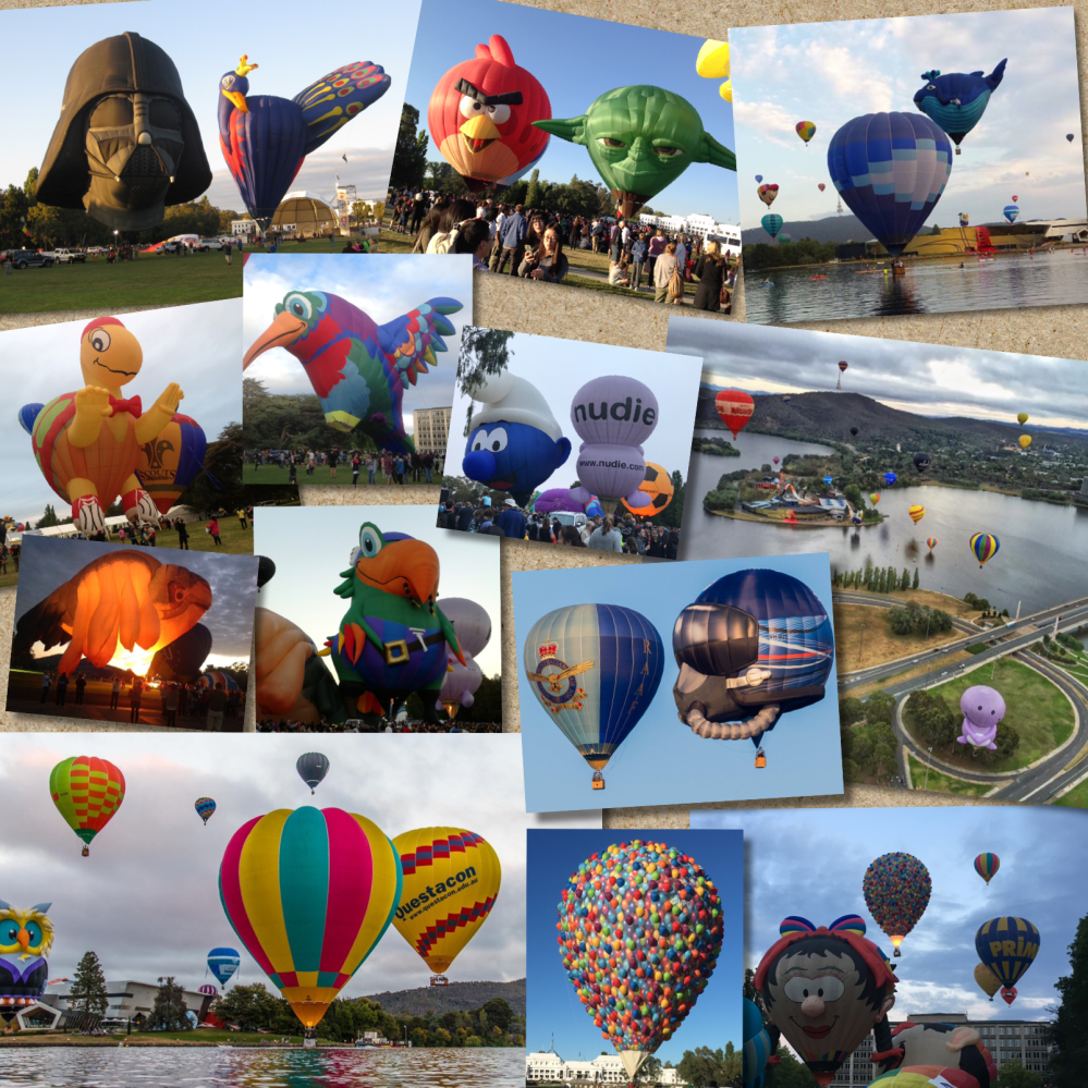 Collage of colorful hot air balloons in various shapes and sizes at a festival.